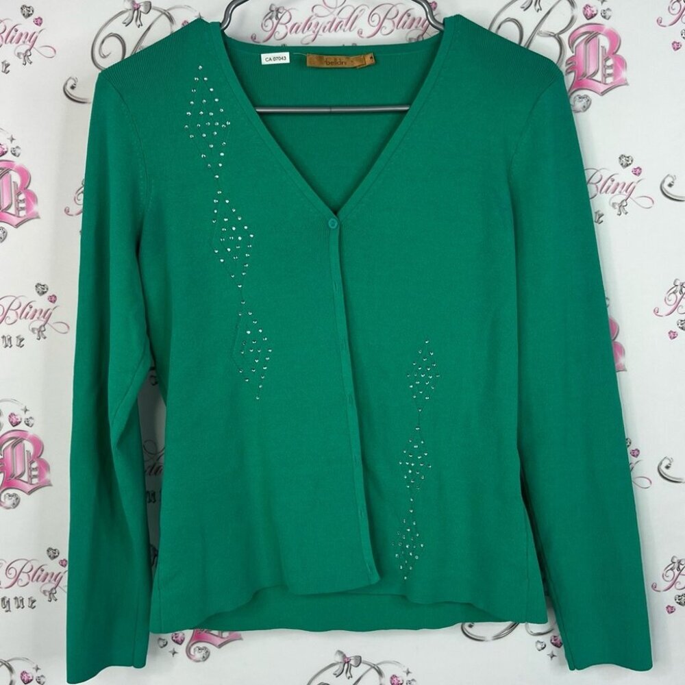 Belldini cardigan argyle diamonds bling Teal Cardigan with Rhinestone Details